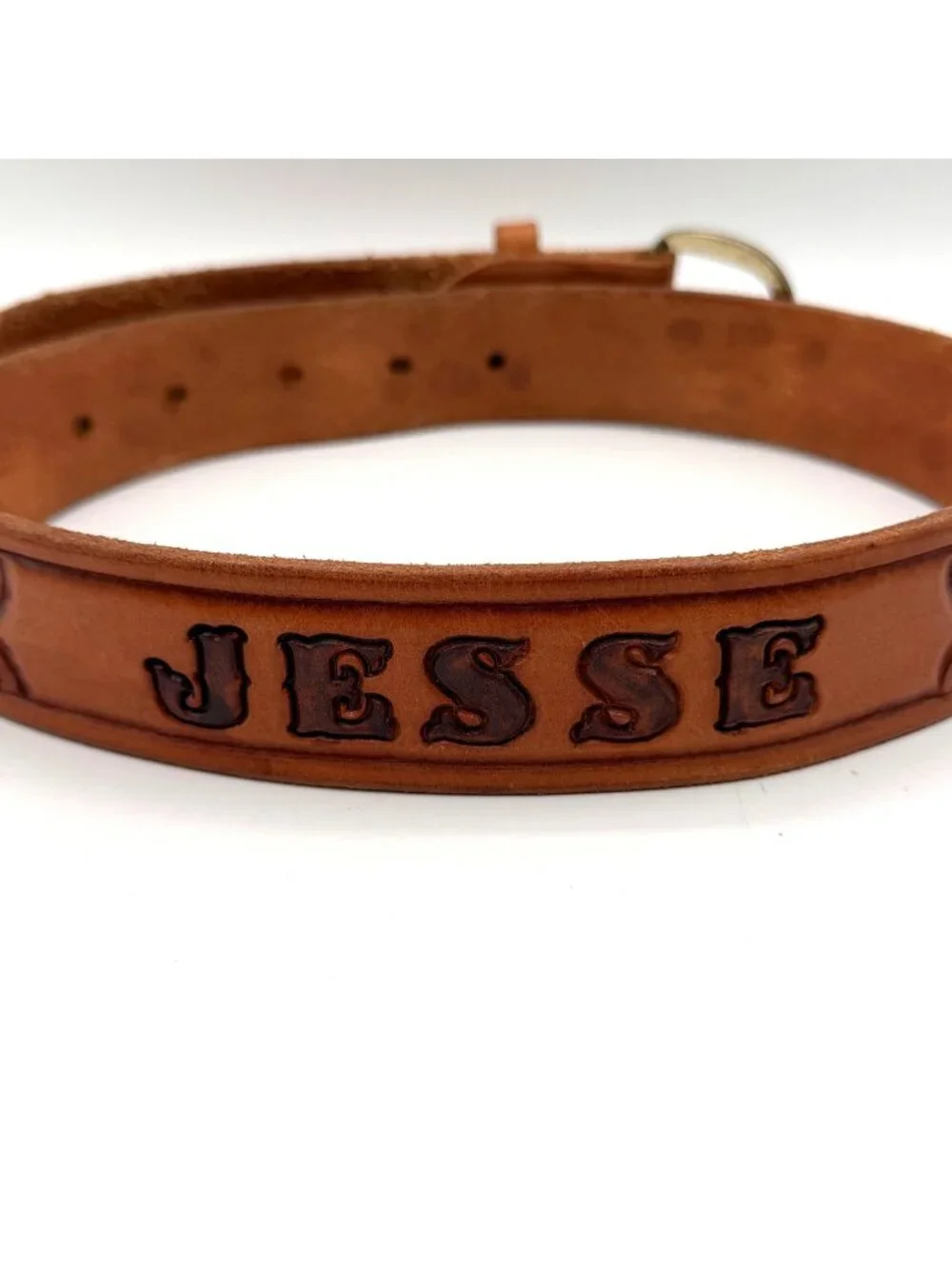 Vintage Brown Western Style Tooled Leather Name Belt JESSE Size 32